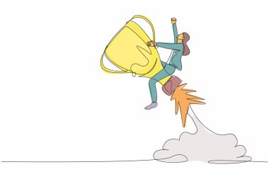 Gökyüzünde uçan ödül roketine binen iş kadınını çizen tek çizgi. Rekabeti kazanmak için iş stratejisini hızlandır. Başarı golü. Aralıksız çizgi çizimi tasarım grafik vektör çizimi