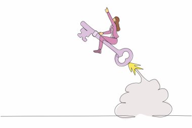 Gökyüzünde uçan anahtar rokete binen bir iş kadını çizimi. Liderlik ya da fırsat bulmak için motivasyon. Başarı anahtar deliğini keşfet. Devamlı çizgi tasarımı grafik vektör illüstrasyonu