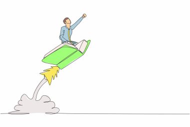 Tek sıra halinde uçan rokete binen işadamı çiziyor. Akıllı öğrencileri okumaya olan ilgini arttır. Kitapçı, eğitim konsepti. Bir çizgi grafik tasarım vektör çizimi