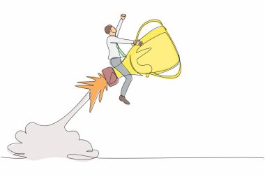 Tek sıra halinde, gökyüzünde uçan ödül roketine binen iş adamı çiziyor. Rekabet kazanma yeteneğini geliştir. Başarı hedefleri konsepti. Devamlı çizgi tasarımı grafik vektör illüstrasyonu