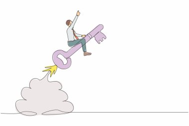 Tek sıra halinde uçan rokete binen işadamı çiziyor. Anahtar başarıyı keşfetmek, iş hedefine ulaşmak için gizli yaratıcılığın kilidini açmak. Bir çizgi grafik tasarım vektör çizimi