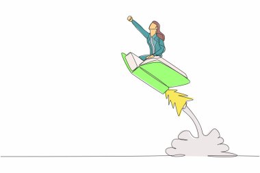 Açık roketle gökyüzünde uçan iş kadını çizen tek sıra. Okulda yeni bir kütüphane aç. Akıllı öğrencileri okumaya olan ilgini arttır. Bir çizgi çizimi tasarım vektörü illüstrasyonu