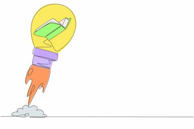 Tek sıra halinde açık bir kitap çizerek ampulle fırlatılıyor. Güç logosunu okuyup öğreniyorum. Hayal gücü, ilham, fantezi. Okul mezuniyeti. Bir çizgi grafik tasarım vektör çizimi