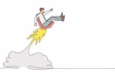Ofis koltuğunda uçan rokete binen işadamının çizdiği tek çizgi. Kariyerinizi geliştirin, işinizi daha yüksek bir mevkiye yükseltin. Devamlı çizgi tasarımı grafik vektör illüstrasyonu