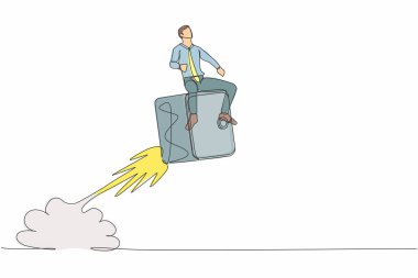 Kiralık kasa roketine binen işadamlarının havada uçtuğu bir hat. Nakit koruma konsepti, zaman para, depozito, tasarruf. Tek çizgi tasarım vektör grafik çizimi