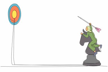 Bir satırda çekici bir Arap iş kadını elinde dart okuyla satranç taşını sürerken hedef alıyor. Başarılı işçi başarısı. Devamlı çizgi çizimi tasarım vektörü illüstrasyonu