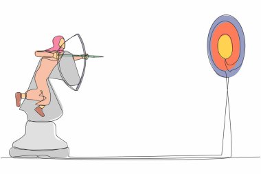 Tek sıra, okçuluk yapan ve at satrancı sürerken hedef alan Arap iş kadını doğruluğu çiziyor. Yarışmayı kazanmak için stratejik bir hamle. Devamlı çizgi tasarımı vektör çizimi