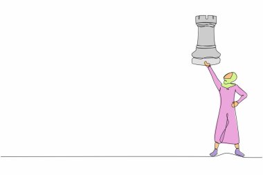 Satranç taşı tutan mutlu bir Arap iş kadını çizmeye devam ediyor. Taktik avantaj, başarılı girişimcilik, taktik veya iş stratejisi. Tek çizgi çizimi tasarım vektör çizimi