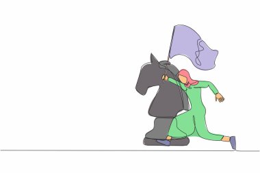 Büyük at satranç taşının yanında koşan ve bayrak tutan Arap iş kadını çizmeye devam ediyor. İş başarısını kutlayın, yarışmayı kazanın. Tek çizgi çizimi tasarım vektör çizimi