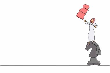 Büyük at satranç taşının üzerinde duran ve bayrak sallayan Arap işadamı çizimleri. İş dünyasındaki rakipleri yenmek satranç oyunu kazanmak gibidir. Tek çizgi çizimi tasarım vektör çizimi