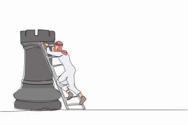 Tek sıra halinde Arap işadamı merdivenle dev bir kale taşına tırmanıyor. Şirket stratejisi, güçlü hamleleri avantaj olarak kullanarak başarılı oldu. Aralıksız çizgi çizimi tasarım grafik vektör çizimi