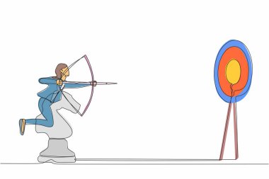 Aralıksız tek sıra halinde, okçuluk yapan ve satranç taşını sürerken hedef alan iş kadını çiziyor. Yarışmayı kazanmak için stratejik bir hamle. Tek çizgi çizimi tasarım vektör çizimi