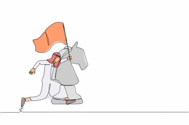 Büyük at satranç taşının yanında koşan ve bayrak tutan mutlu Arap işadamını çeken tek sıra. İş başarısı hedefi, yarışmayı kazanmak. Bir çizgi grafik tasarım vektör çizimi