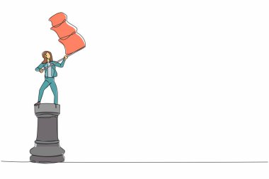 Tek sıra halinde büyük bir kale taşının üzerinde duran ve bayrak sallayan bir iş kadını. Başarılı bir liderlik. Kutlama kazanma yarışması. Devamlı çizgi çizimi tasarım vektörü illüstrasyonu