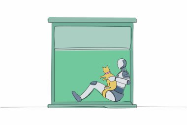 Pencere pervazında kedisi olan tek sıra robot çiziyor. Arkadaşlık sosyal konsepti. Yapay zeka ve makine öğrenme süreci. Bir çizgi çizimi tasarım vektörü illüstrasyonu