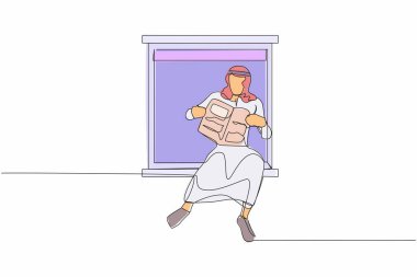 Tek sıra halinde oturup gazete okuyan gevşemiş bir Arap çiziyor. Sıcak balkon. Ev aktiviteleri. Salgın sırasında evde kal. Aralıksız çizgi çizimi tasarım grafik vektör çizimi