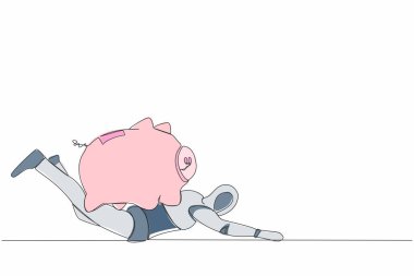 Devamlı bir çizgi, ağır bir domuz yükü altında stresli bir robot çiziyor. Teknoloji endüstrisinde beş parasız ve mali sorunlar. Geleceğin robotik gelişimi. Tek çizgi çizimi tasarım vektörü grafik çizimi