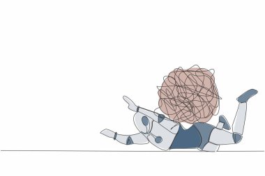 Tek sıra halinde, ağır yük altında gerilmiş robot çiziyor. İş sıkıntısı, aşırı yüklenme, ekonomik kriz sorunları. Geleceğin teknoloji gelişimi. Bir çizgi çizme tasarım vektörü
