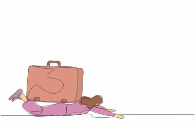 Mutsuz iş kadınını evrak çantasının ağır yükü altına çeken tek satır devam ediyor. Zor bir iş. Basınç iş yükü. İşten kaygı ve aşırı yüklenme. Tek çizgi çizimi tasarım vektör çizimi