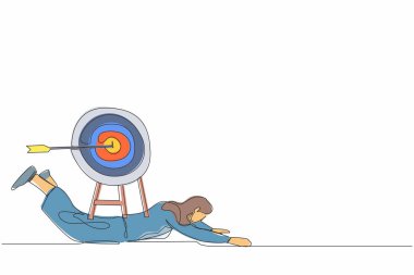 Mutsuz iş kadınlarını ağır hedef tahtası altına alan tek sıra. Sıkı çalışma iş görevini başarır. Daha yüksek bir hedefi kazanmak için çok uğraştım. Bir çizgi çizimi tasarım vektörü illüstrasyonu