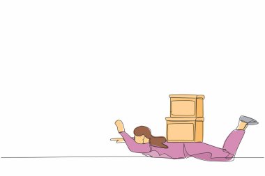 Tek sıra halinde ağır yük altında mutsuz iş kadınlarını çekiyor. İş stresi. Bürokrasi, evrak işleri, büyük veri konsepti. Modern sürekli çizgi çizimi tasarım grafik vektör çizimi