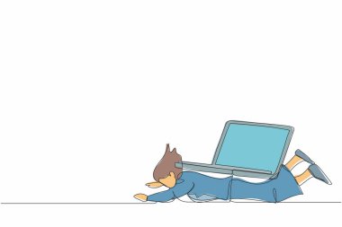 Sürekli dizüstü bilgisayar yükü altında mutsuz bir iş kadını çizimi. İş baskısı yüzünden yorgun ya da bitkin düşmüş bir işçi. Tek çizgi çizimi tasarım vektör çizimi