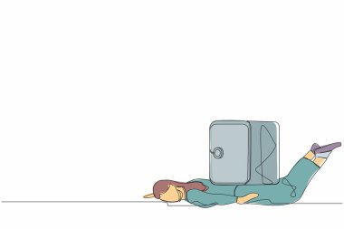 Mutsuz bir iş kadınını ağır bir emanet kasası yükünün altına çeken tek satır. Coronavirus COVID-19 krizinde para kaybı, borç ve iflas girişimcisi. Devamlı çizgi çizim tasarım vektörü