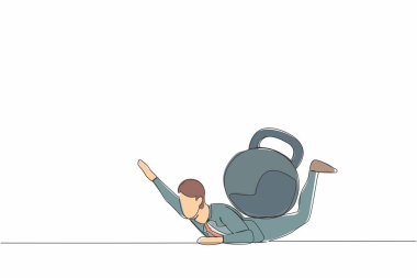 Ağır bir yük altında depresif bir işadamını sürekli çeken bir çizgi. Finansal kriz ve kredi ödemesi. İş, zihinsel stres, iflas, borç. Tek çizgi tasarım vektör çizimi