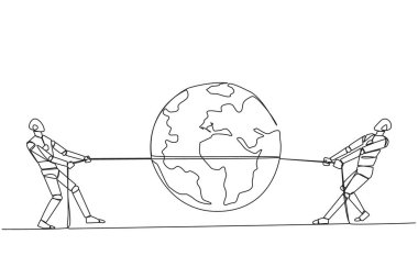 Continuous one line drawing two robots fighting over globe. Fight like a cowboy. Competition to explore the digital world through AI. Future technology. Single line draw design vector illustration