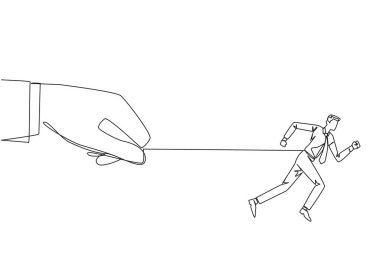Single continuous line drawing businessman runs but stomach is tied. Held and controlled by a big hand behind. Business cannot grow. Being in difficult position. One line design vector illustration