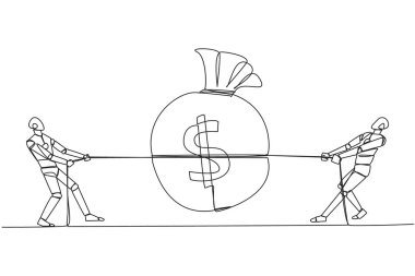Single continuous line drawing two robots fighting over a money bag. Misunderstood artificial intelligence. Fighting over money that is not the rights. Technology. One line design vector illustration