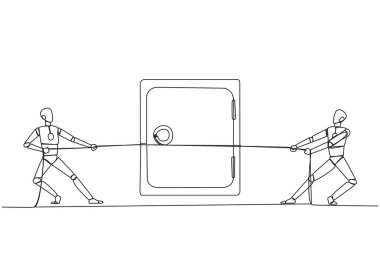 Single continuous line drawing two robots fighting over a safe deposit box. Competition for the best code for robot development stored in a safe place. Future tech. One line design vector illustration