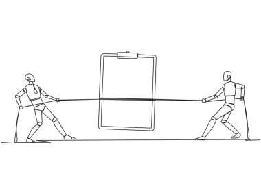 Single continuous line drawing two smart robots fighting over a clipboard. Battle like a cowboy. Compete to write a list of robot development needs. Future tech. One line design vector illustration