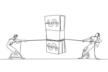 Single continuous line drawing two Arabian businessmen fighting over banknotes. Competition for cash bonuses. A wad of money promised as a bonus. Year-end bonuses. One line design vector illustration