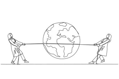 Continuous one line drawing two Arabian businesswomen fighting over globe. Fierce fight for territory. Build a business empire. Get the profit. Work smart. Single line draw design vector illustration