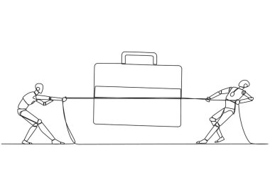 Single continuous line drawing two robots fighting over briefcase. Compete fiercely to increase user trust. The future of sophistication technology for marketing. One line design vector illustration