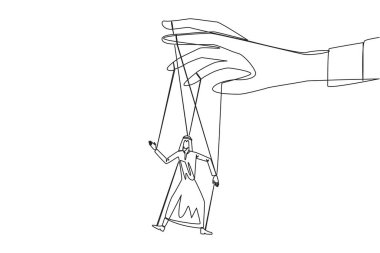 Single one line drawing Arab businessman walks by being moved by ropes controlled by a giant hand above. Like a puppet. Cannot have big impact on business. Continuous line design graphic illustration