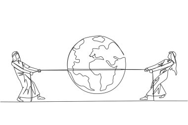 Single continuous line drawing two Arabian businessmen fighting over globe. Fighting over territory. Expanding the business land. Get maximum profit. Work smart. One line design vector illustration