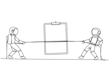 Single one line drawing two astronauts fighting over clipboard. The battle is fierce to get tools that make it easier to make expedition reports. Cosmonaut. Continuous line design graphic illustration