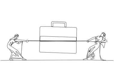 Single continuous line drawing two Arabian businessmen fighting over briefcase. Compete to be the best marketer to market new products. Expand the new business. One line design vector illustration