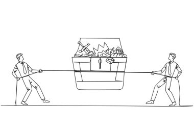 Single continuous line drawing two businessmen fight over an open treasure chest. Greed wants anything. Business competition that harms nature and its surroundings. One line design vector illustration