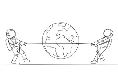Single one line drawing two astronauts fighting over globe. Tight competition won the schedule for the first return to the earth. Complete expedition tasks. Continuous line design graphic illustration