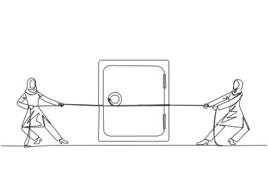 Continuous one line drawing two Arabian businesswomen fighting over a safe deposit box. Fierce battle to obtain business expansion data stored in safes. Single line draw design vector illustration