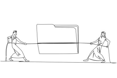 Continuous one line drawing two Arabian businessmen fighting over document folder. Fighting for confidential information that very profitable for company. Single line draw design vector illustration