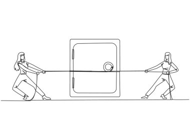 Single one line drawing two businesswomen fighting over a safe deposit box. Compete to place confidential data in the safest place. Secrets of business. Continuous line design graphic illustration