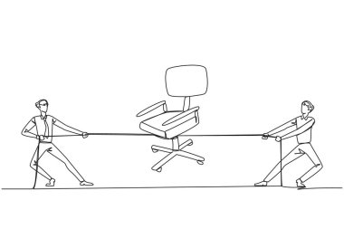 Single continuous line drawing two businessmen fighting over an office chair. Competition for worthy positions in the company. Everything is done to achieve it. One line design vector illustration