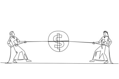 Continuous one line drawing two Arabian businessmen fighting over a coin with dollar symbol. Compete for rights that must be received, even if small thing. Single line draw design vector illustration