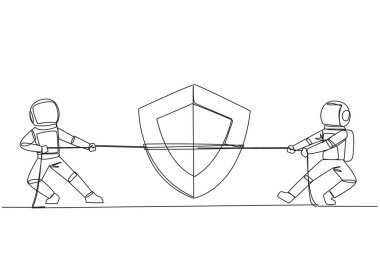 Single one line drawing two astronauts fighting over shield. Fierce battles in the race provide best protection for starships. Getting ready for expedition. Continuous line design graphic illustration