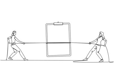 Single continuous line drawing two businesswomen fighting over a clipboard. Fight to be the first to complete the biweekly report. Compete for the company profits. One line design vector illustration