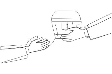 Single one line drawing hand gives treasure chest to colleague. High confidence in processing important assets. Large capital to start profitable business. Continuous line design graphic illustration